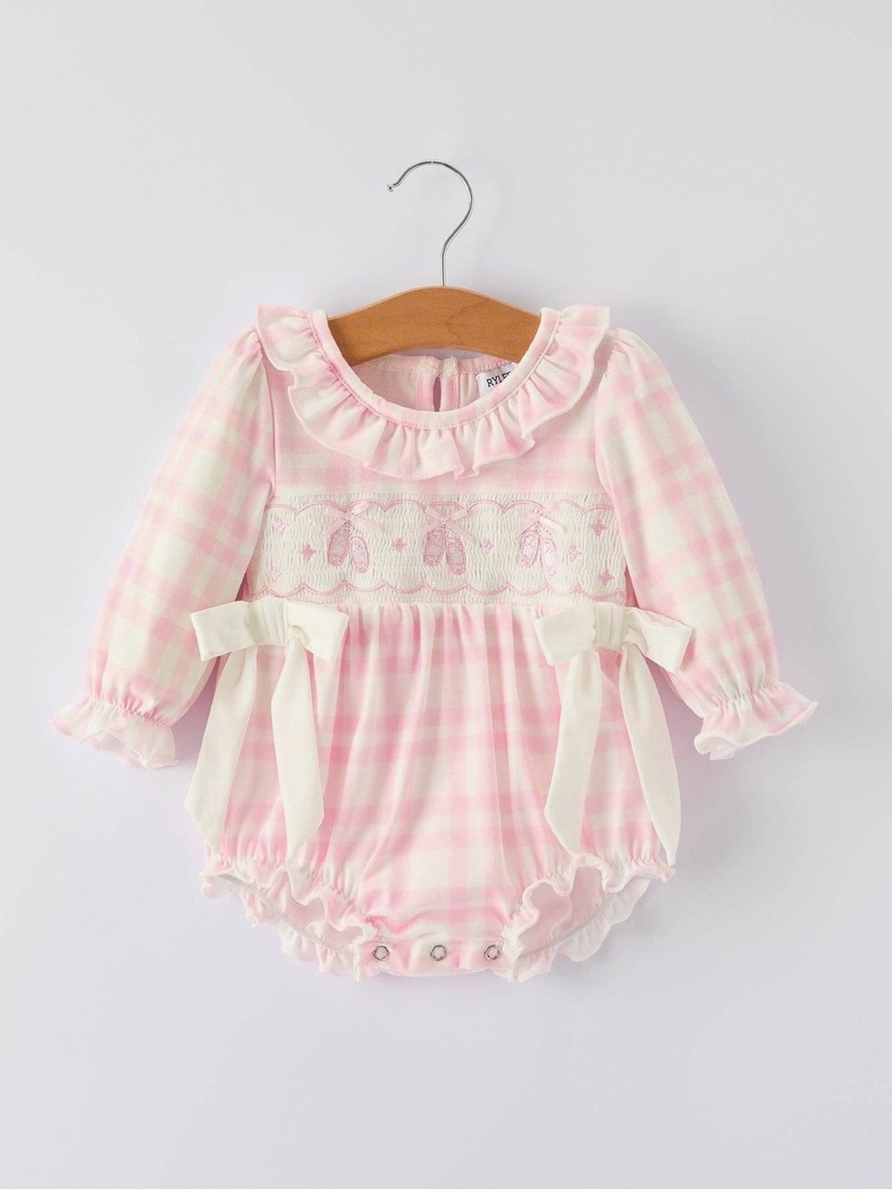 Rylee Faith Pink Plaid Ruffle Ballet Shoe Embroidery Long Sleeve Romper